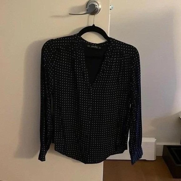Zara Black White Polka Dot Long Sleeve V Neck Button Up Blouse Top XS - Picture 2 of 5